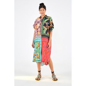 Farm Rio silk scarf patch work button down dress
